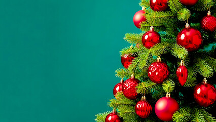 Bright festive background featuring a Christmas tree decorated with red ornaments on one side, leaving space for text or design elements. Ideal for seasonal marketing or holiday cards.