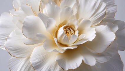 Fototapeta premium Close-up View of Pristine White Flower with Delicate Gold Edges and Golden Center Against a Soft Gray Background