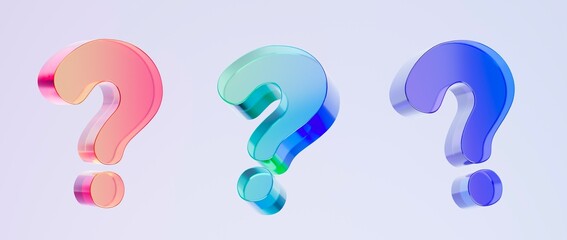 Set of 3D question mark icons featuring colorful gradient tones and smooth glass-like finish, ideal for graphic design, UI/UX interfaces, presentations, and modern backgrounds, 3d render illustration
