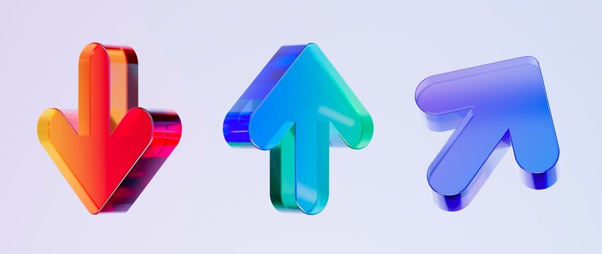 Set of 3D arrow icons, Colorful gradient glass like icon, glass holographic icon, minimal crystal clear, ideal for graphic design, UI UX interfaces, 3d render illustration.