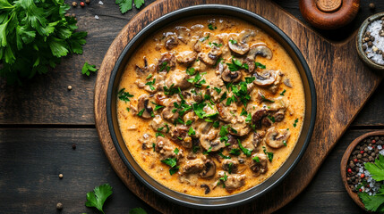 Delicious beef stroganoff with tender veal strips stewed with porcini mushrooms in creamy sour cream sauce, garnished with finely chopped parsley, served in a skillet.
