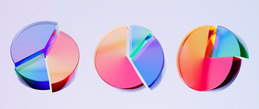 Set of 3D pie chart icons, Colorful gradient glass like icon, glass holographic icon, minimal crystal clear, ideal for graphic design, UI UX interfaces, 3d render illustration.