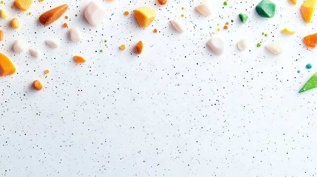 A top-down view of a white surface adorned with a scattering of colorful, geometric shapes and small dots, creating a decorative and abstract composition. - Powered by Adobe