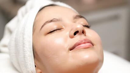 Young woman enjoying facial treatment in spa. Relaxing atmosphere promotes wellness and beauty care. Skincare routine enhances natural glow and rejuvenation.