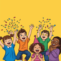 Joyful diverse children celebrating with colorful confetti and party hat on yellow background