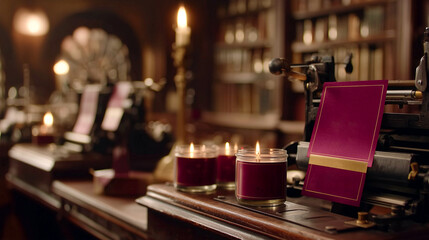 Warm glow of scented candles and vintage printing press evokes cozy, intellectual ambiance ideal for study or relaxation spaces