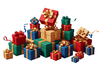 Obraz premium Colorful presents with gold ribbons stacked high create a festive holiday mood, perfect for Christmas, birthdays, and celebrations all year round