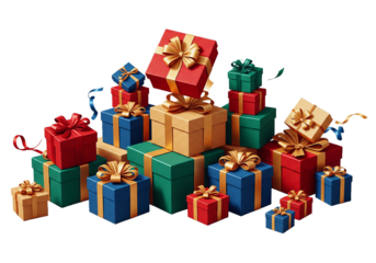 Colorful presents with gold ribbons stacked high create a festive holiday mood, perfect for Christmas, birthdays, and celebrations all year round