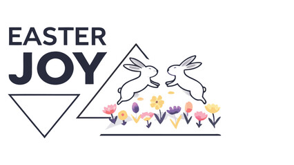 Two playful white cartoon bunnies leaping in a field of colorful watercolor flowers with the text easter joy and geometric shapes on a white background