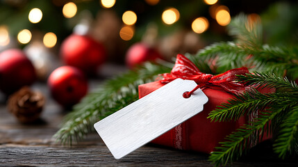 Beautifully wrapped red Christmas gift with blank tag, festive ornaments, and twinkling bokeh lights, ready for personalization and holiday cheer.