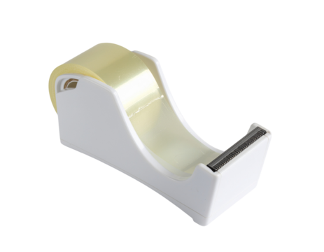 A desk tape dispenser with transparent adhesive tape ready for use in an office or workspace setting