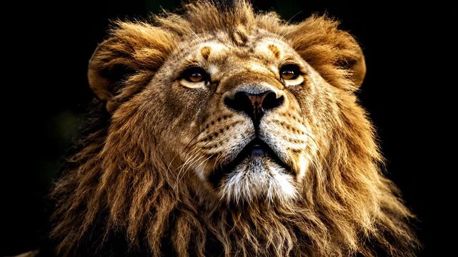 Majestic lion portrait in natural light. Lion displays strength and nobility in wild habitat. Natural setting captures intense gaze and regal posture.