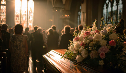 Funeral coffin with flowers inside a church during a memorial service, people gathered in the background