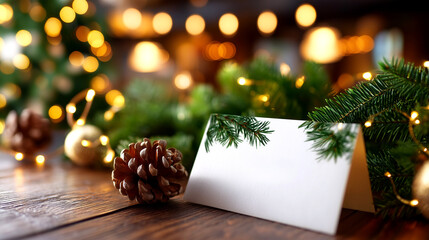 Warm holiday greetings await with this cozy Christmas card setup featuring festive pinecones, glowing lights, and elegant greenery for your personal messages.