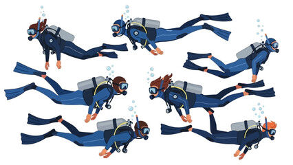 Diverse group of happy scuba divers exploring the clear ocean depths, enjoying an adventurous underwater journey in their colorful gear