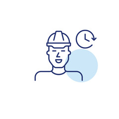 Fototapeta premium Man in hard hat and clock. Project deadline, worksite scheduling. Pixel perfect, editable stroke vector icon
