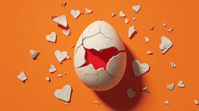 Heart breaking through egg shell on an orange background, representing the birth of love concept and vulnerability