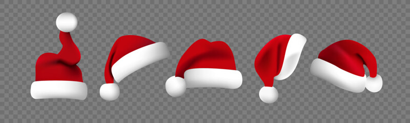 Red Santa hats with fluffy pom-poms realistic vector illustration set.