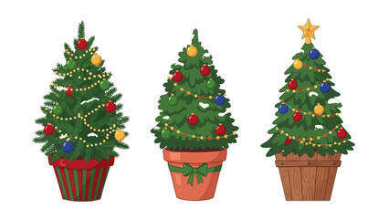 Collection of three beautifully decorated Christmas trees with festive ornaments and lights
