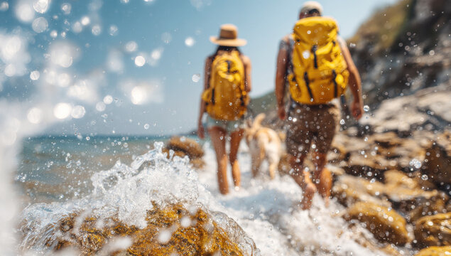 Couple and golden retriever dog exploring rocky coast, waves splashing under summer sun, enjoying seaside travel adventure