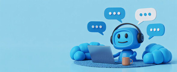 Friendly AI chatbot assistant providing support and answering questions on laptop with headphones, modern and efficient