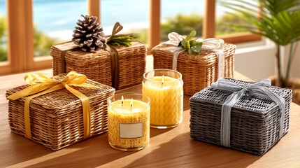 Cozy gift baskets with lit candles arranged on a wooden table evoke warmth and relaxation, perfect for holiday promotions or home decor inspiration.