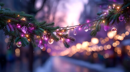 Enchanting winter wonderland scene with glowing fairy lights and delicate ornaments adorning a festive evergreen branch