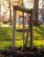 Fototapeta premium Newly Planted Tree Supported by Wooden Frame in Park.