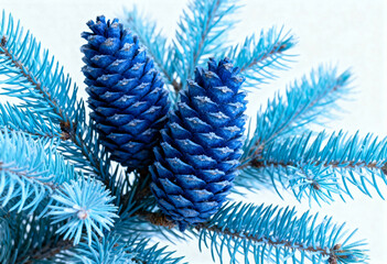 Close-up of two striking blue spruce pine cones covered in light frost, nestled among blue-tinted evergreen needles against a bright, white background, conveying a winter holiday theme