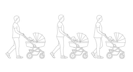 A series of line drawings depicting people pushing baby strollers