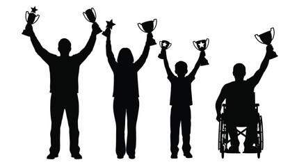 Celebration of victory silhouettes of people raising trophies in achievement