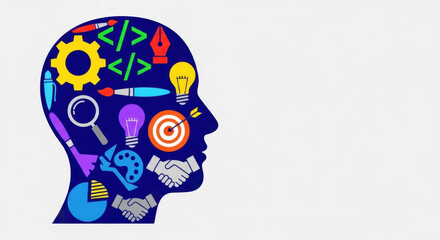 Obraz premium Human Head Silhouette Filled with Diverse Skill Icons and Text 