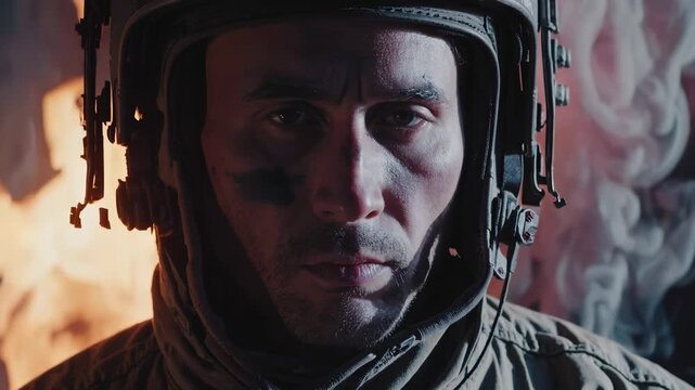 Firefighter lowers eyes in front of fire. Uniformed rescue worker with helmet. Hero stands against flames. Smoke curls behind. Firefighter ready for danger. Courage meets rescue action.
