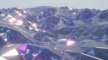 Abstract shimmering purple and blue crystal formations with light reflections