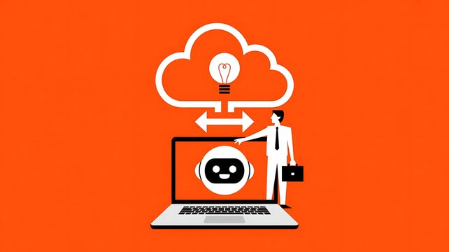 Businessman interacting with a cloud based ai robot on a laptop screen - Powered by Adobe