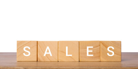 Wooden blocks with word sales for marketing promotion concept, isolated on transparent background