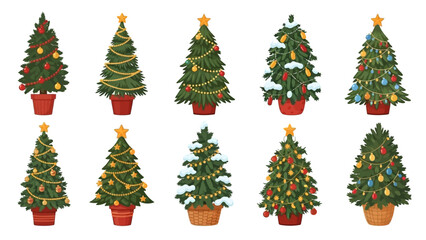 Collection of festive Christmas trees with colorful ornaments and lights