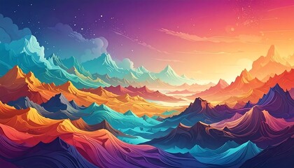 Colorful mountainscape with a vibrant sky blending hues of orange, purple, and blue over a jagged horizon