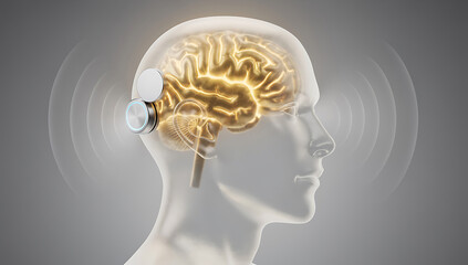 Neural interface device connected to glowing human brain, futuristic tech
