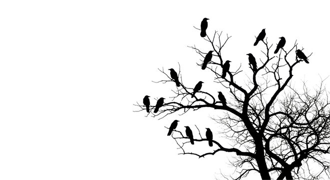 Flock of black crow silhouettes on a bare, gnarled tree against a transparent background with copy space. Haunting minimalist nature concept
