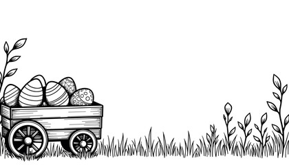 Easter eggs in wagon on grass, children's coloring book and holiday activity