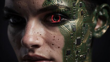 Cyborg woman's face shows advanced circuit board skin and glowing red eye