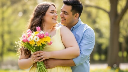 Fototapeta premium Man hugging woman with bouquet of spring flowers in park. Happy caucasian couple embracing. Romantic moment for Valentines day.