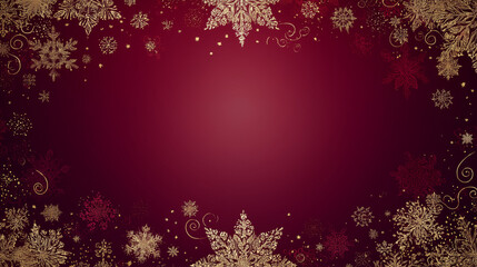 Rich burgundy to deep wine red gradient background, champagne-gold glitter snowflake borders and elegant decorative swirls, understated festive ornaments along edges, large clean empty area in middle 
