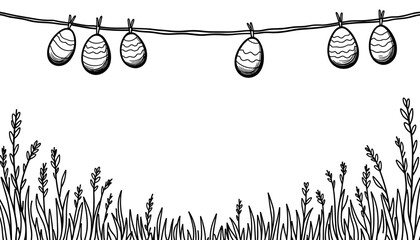 Easter eggs hanging on clothesline above grass, holiday decoration and children’s coloring activity