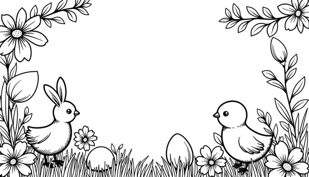 Easter frame with chick and bunny among flowers, spring celebration and kids coloring activity