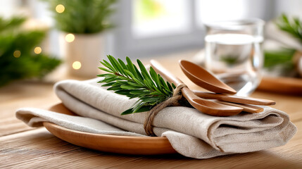 Elegant rustic table setting features linen napkin, wooden spoons, and fresh evergreen sprig for a natural, inviting dining experience.