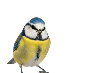 Obraz premium A small eurasian blue tit with detailed feathers perches on a transparent background with ample copy space. Concept of natural beauty and ornithology