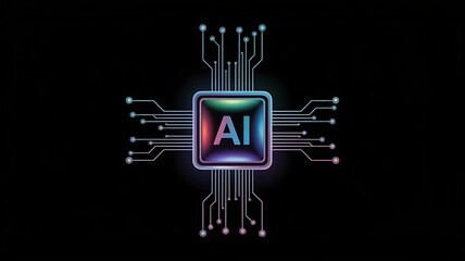 Futuristic ai microchip with glowing circuits on black background