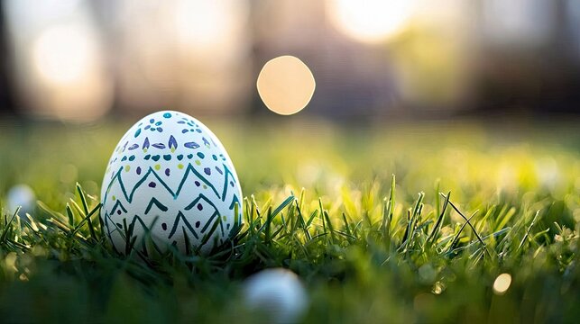 A decorated Easter egg sits in the grass, illuminated by sunlight. The egg is white with a colorful geometric design.